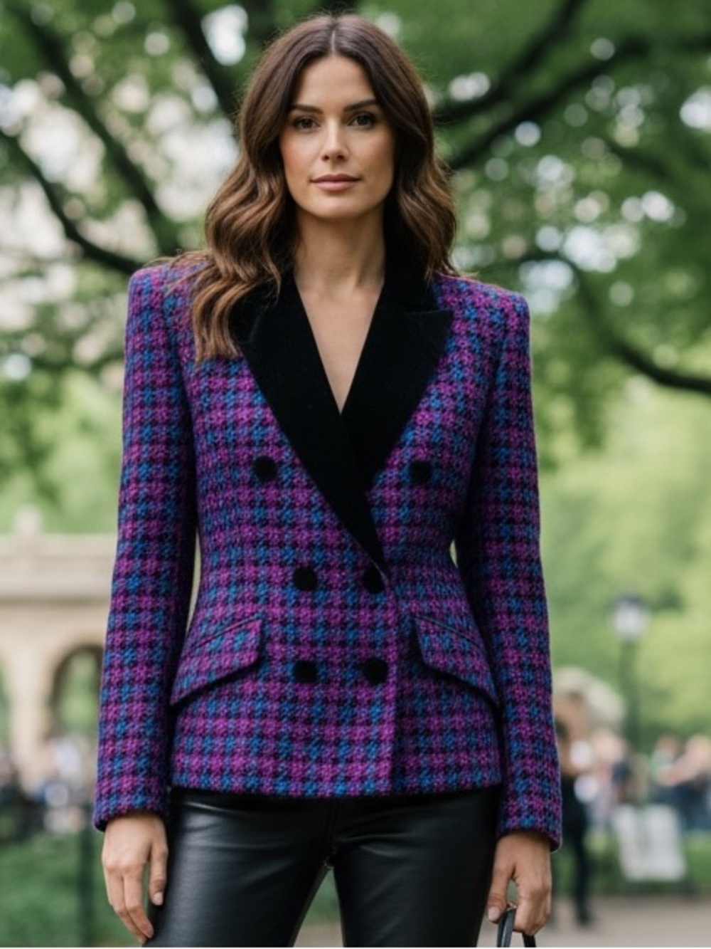 Vintage JH Collectibles Wool Houndstooth Blazer Velvet Trim Size 6